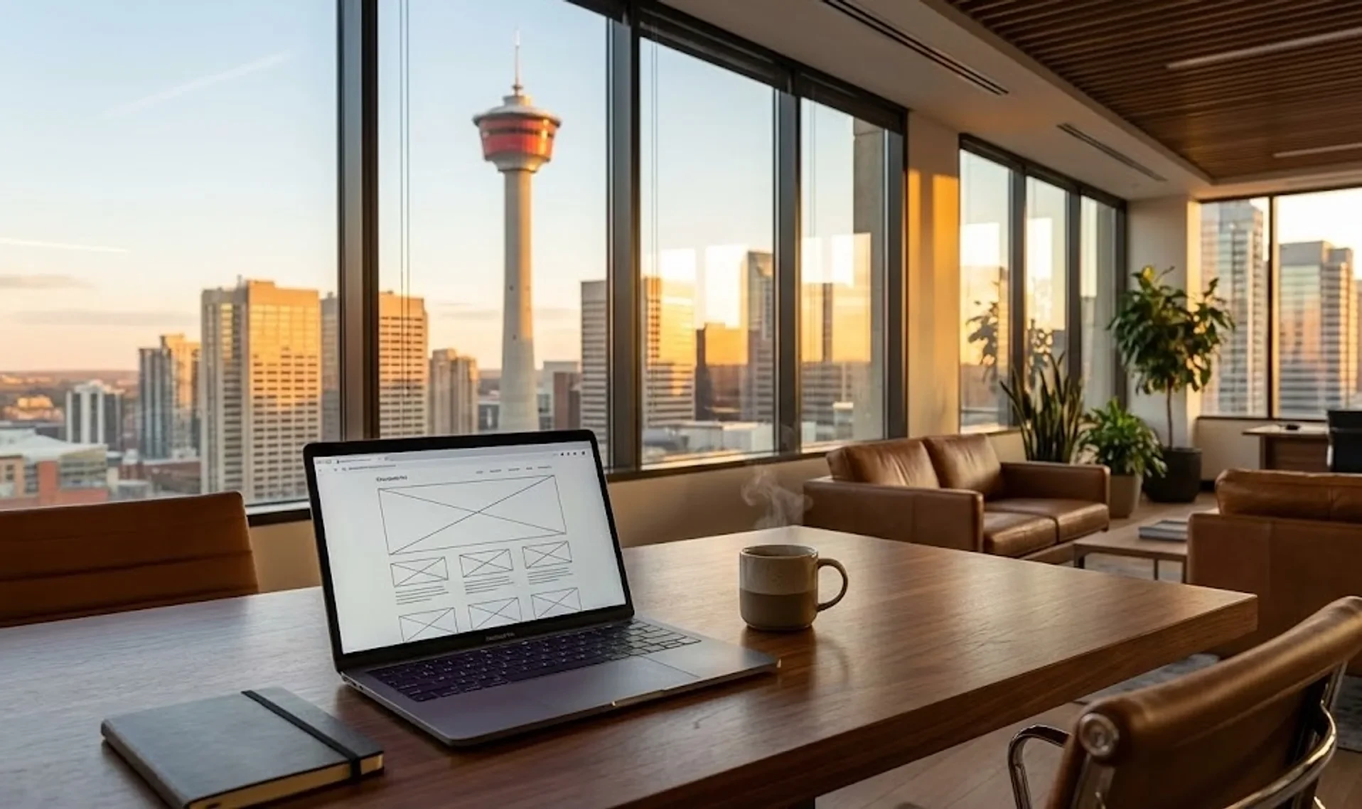 Professional office workspace in Calgary with city skyline view - local web design services for Alberta small business owners