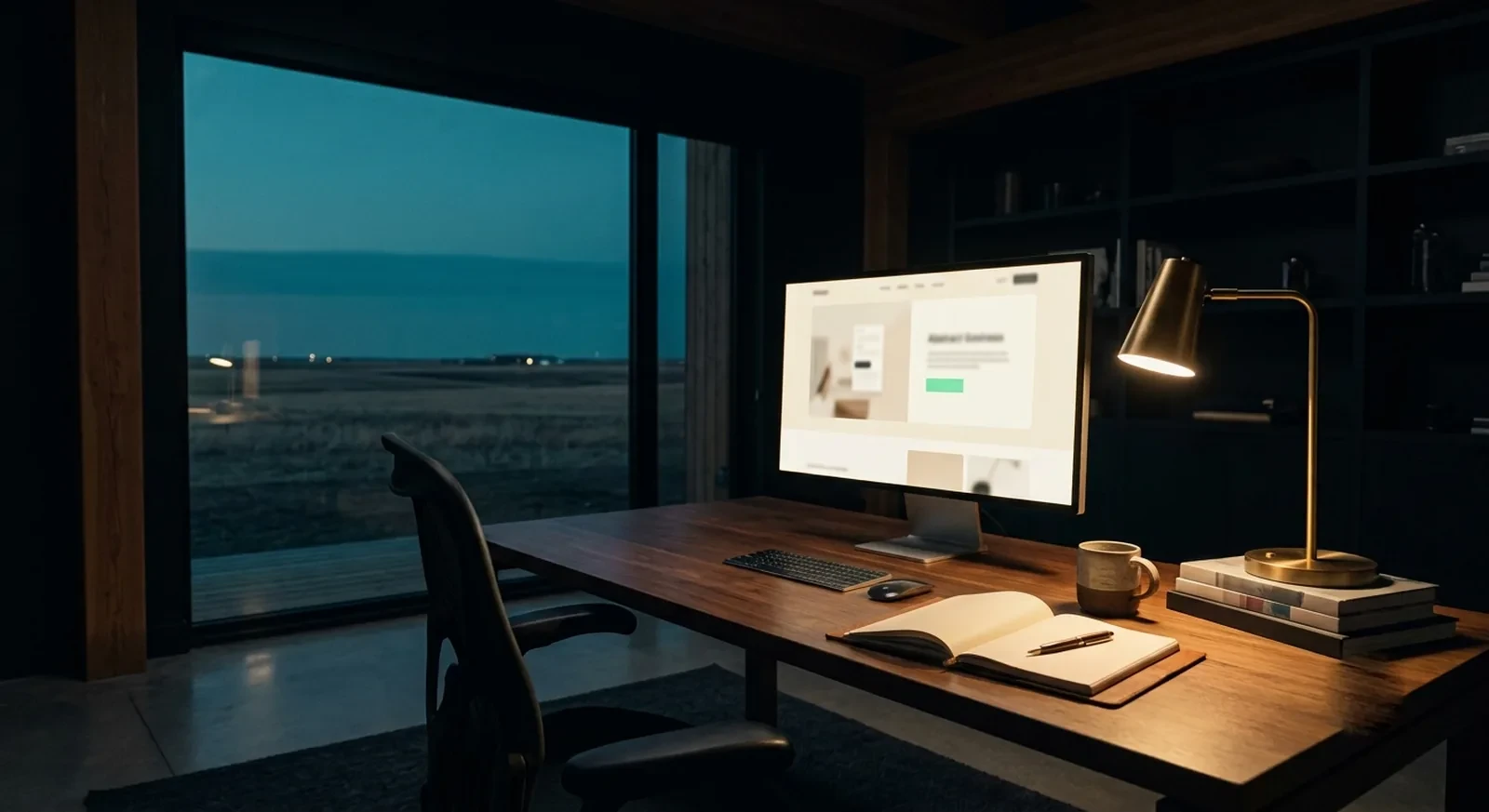 Quiet home-office workspace at dusk with a monitor showing a website design and an Alberta prairie horizon through the window - local web design for Alberta small business owners