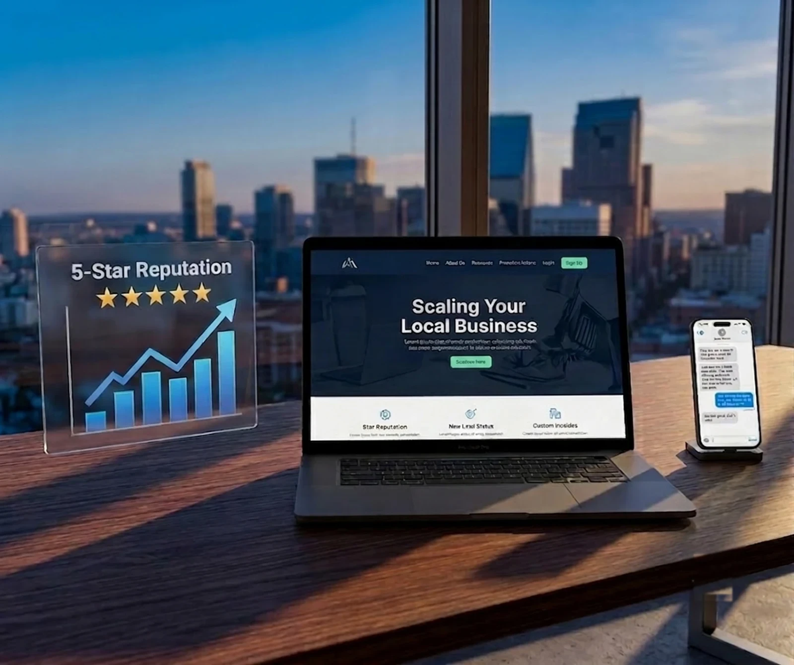 Laptop and phone showing a local business website with a 5-star reputation dashboard against a city skyline - the Digital Growth System for Alberta businesses